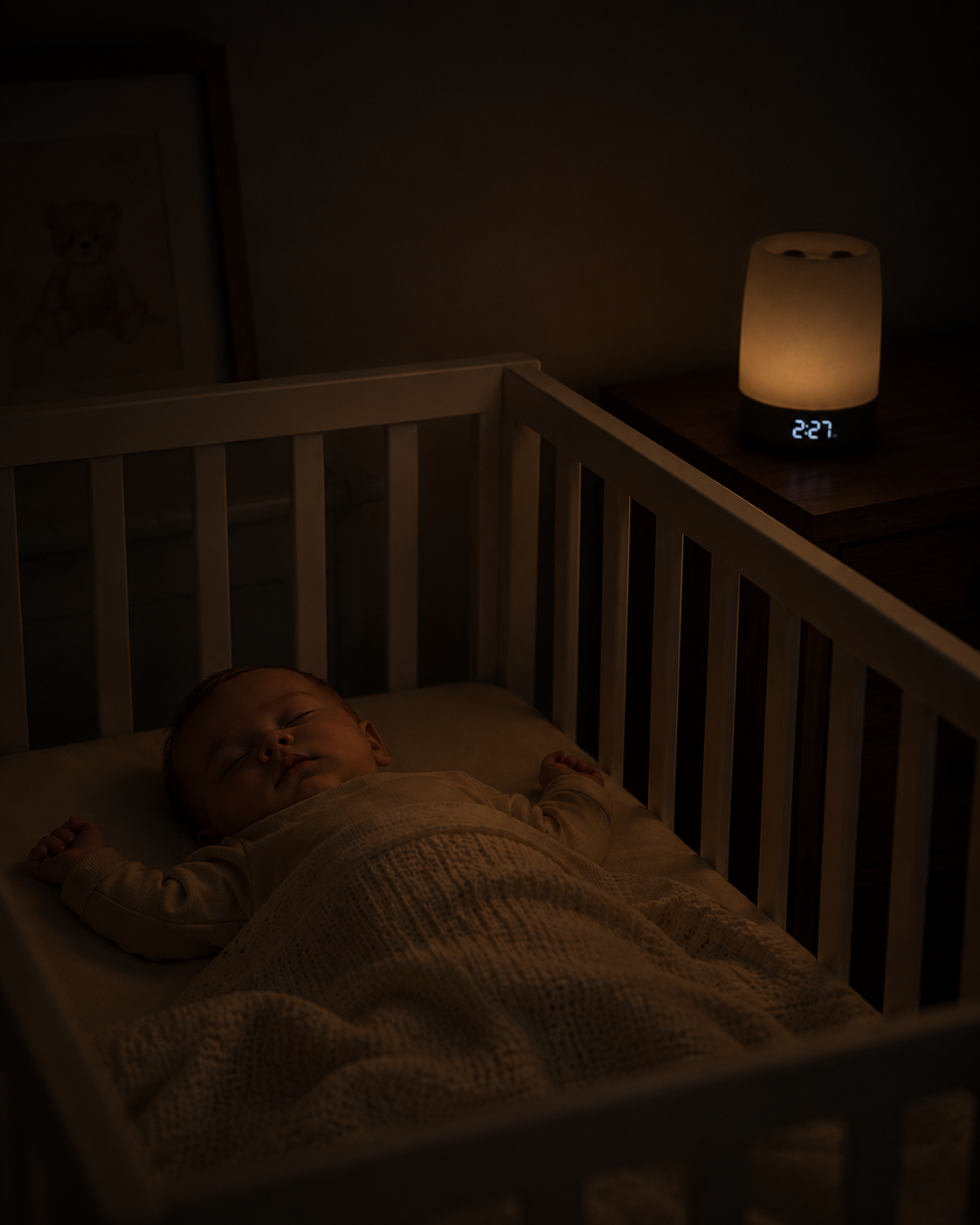 After — baby sleeping peacefully in crib with Slumbori Sleep Pod beside them